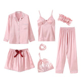 7 piece faux satin silk with chest pad sling shorts pajamas set