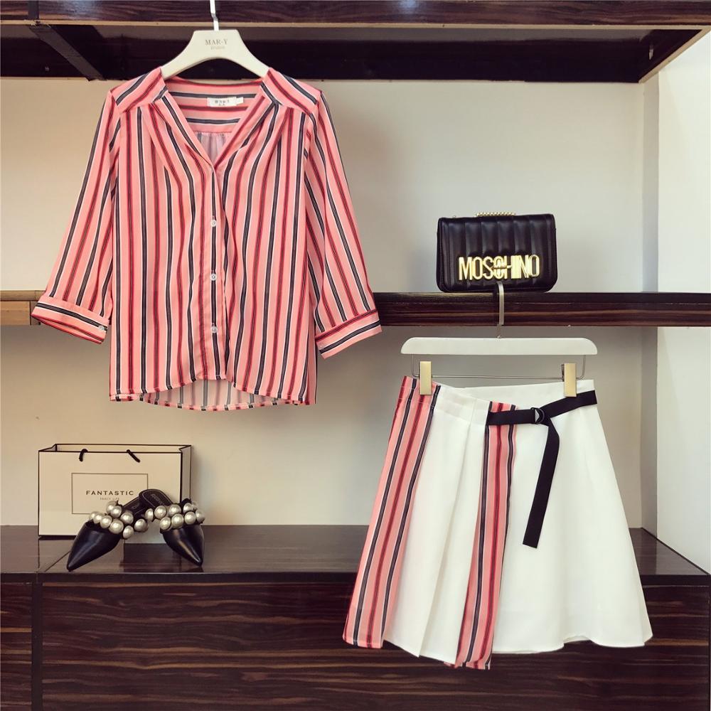 striped chiffon shirt high waist button skirts two piece dress