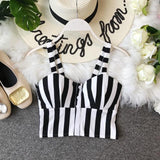 low chest button elastic back solid stripes crop top