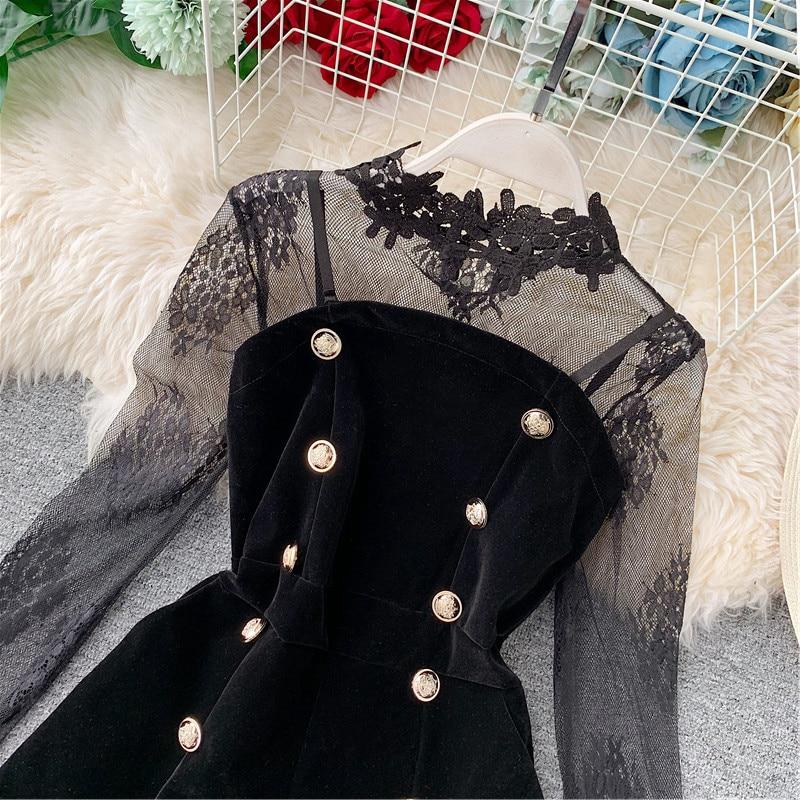 lace tulle pullover flare sleeve velvet button solid romper