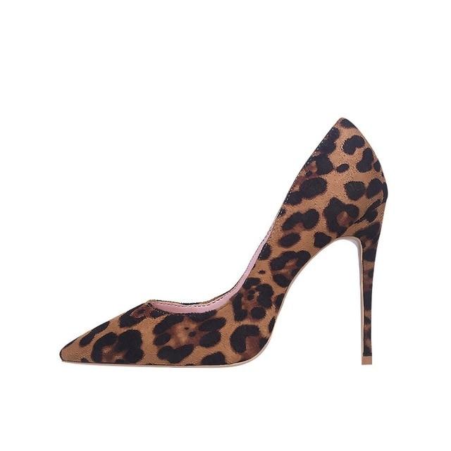 flock leather leopard print pointed toe thin high heels shoes