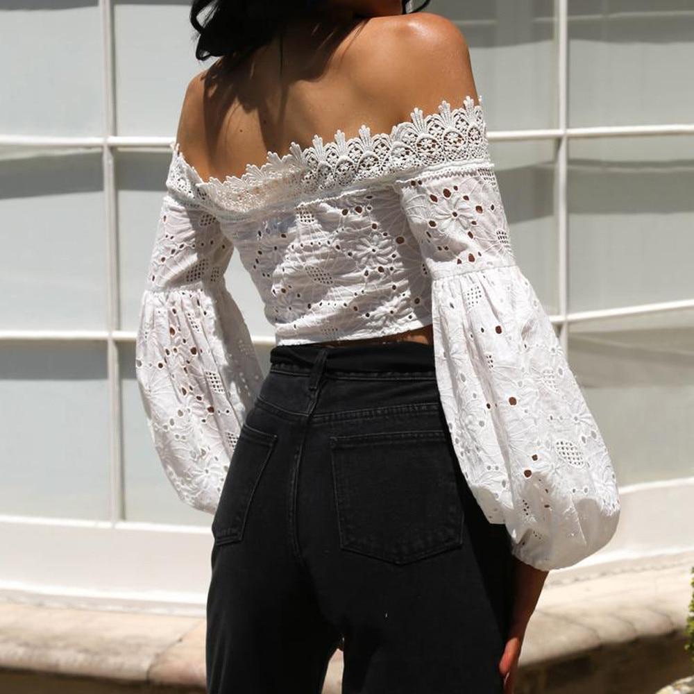 hollow lace off shoulder long sleeve loose blouse