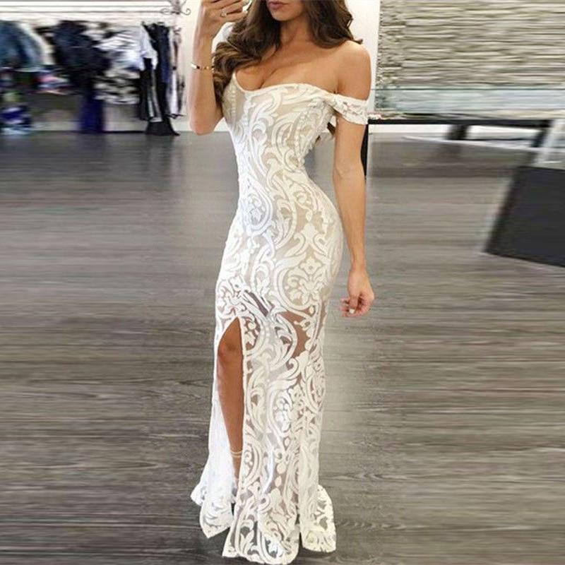 off shoulder lace embroidery high slit bodycon party dress