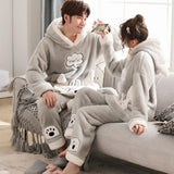 animal design long sleeve full trousers cute thick flannel couple hooded pajamas set