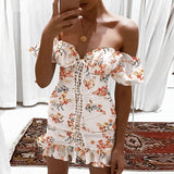 strapless floral print off shoulder lace up ruffles bodycon dress