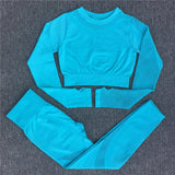 2 piece seamless hollow out fitness long sleeve crop tops