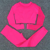 2 piece seamless hollow out fitness long sleeve crop tops