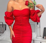off shoulder puff sleeve ruched bodycon dress
