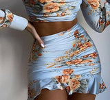 floral print long sleeve square collar crop top ruffle skirt two piece dress