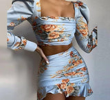 floral print long sleeve square collar crop top ruffle skirt two piece dress