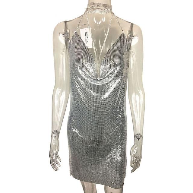 diamond halter metal draped neck mini sequin dress
