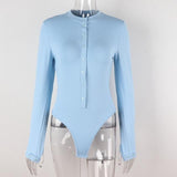 solid button ribbed long sleeve o neck skinny bodysuit