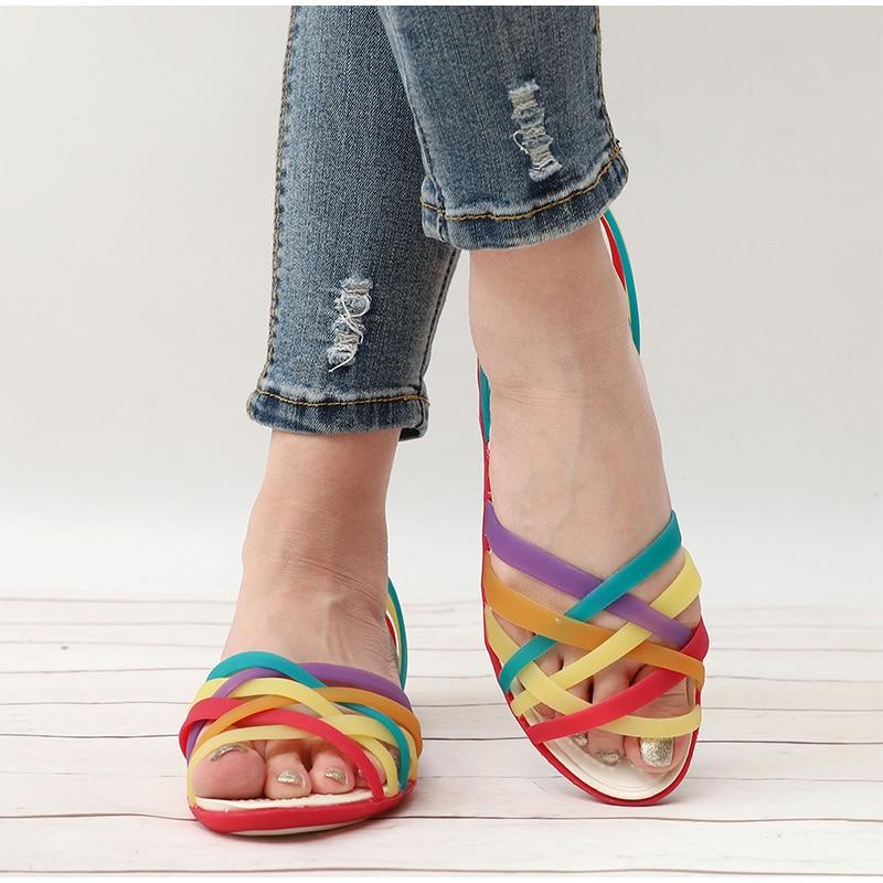 rainbow jelly cross straps candy color peep toe flat slip on
