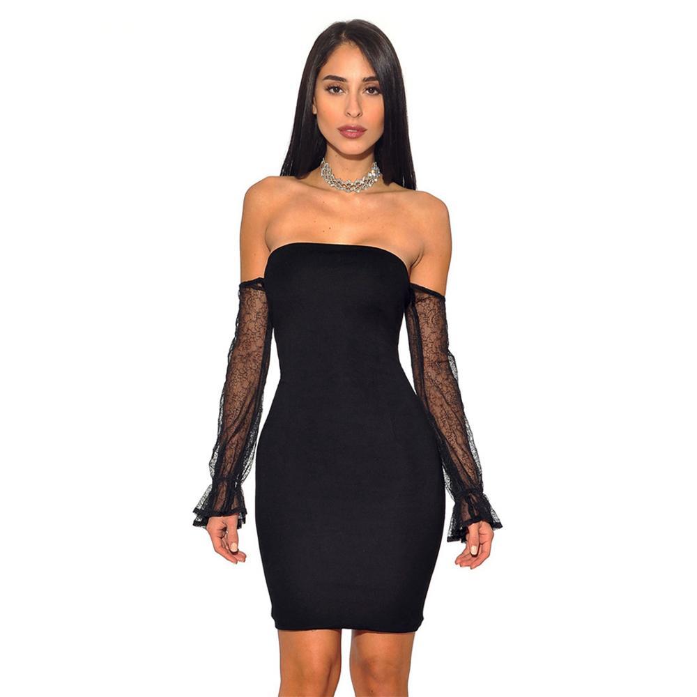 off shoulder backless lace long sleeves mini bodycon dress