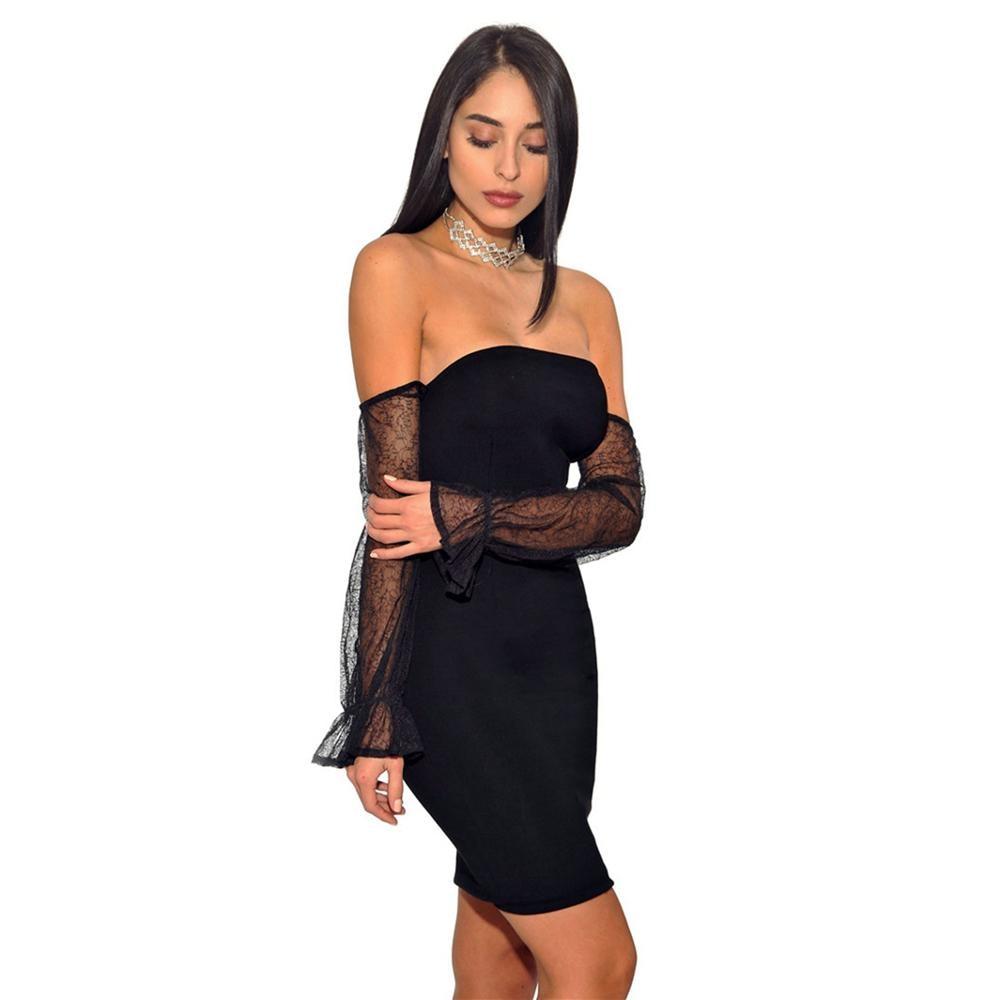 off shoulder backless lace long sleeves mini bodycon dress