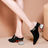 soft pointed toe square mid heel buckle pumps