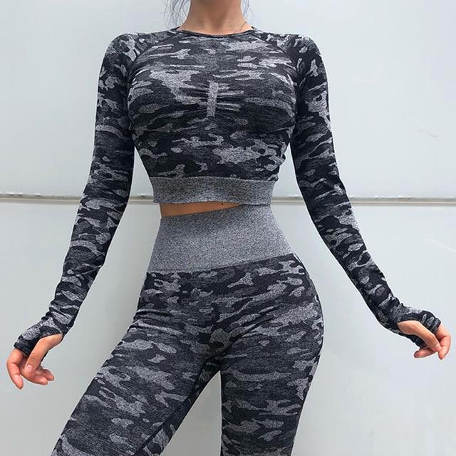 camouflage pattern hollow out back long sleeve seamless sportswear