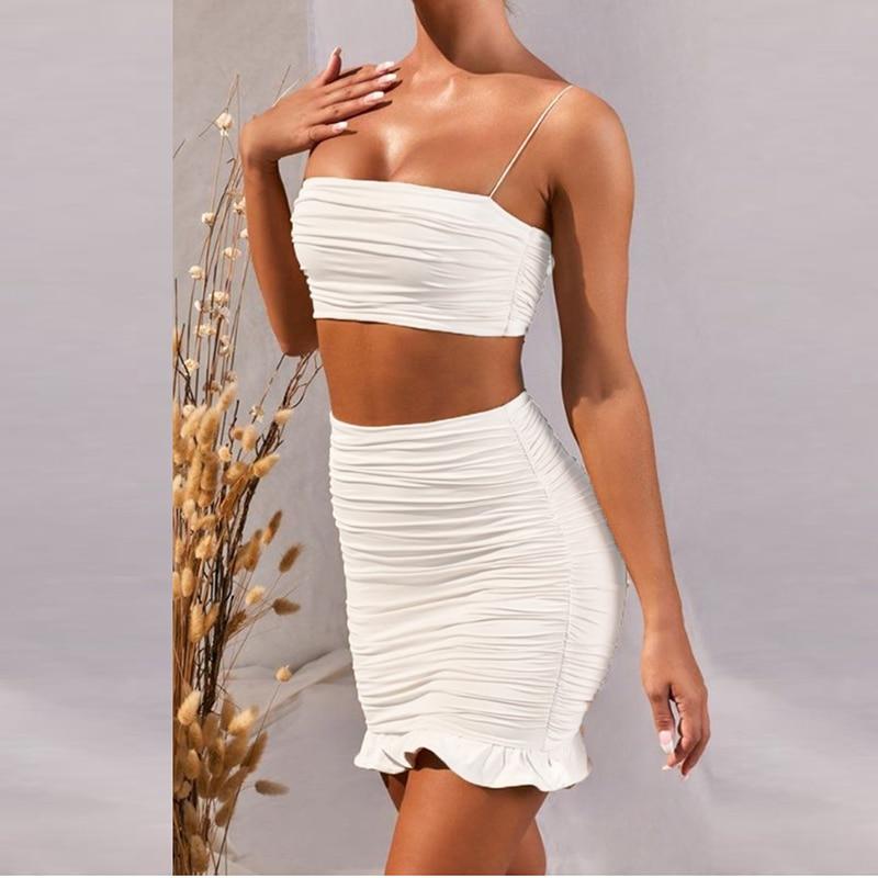 ruffles spaghetti straps square collar high waist ruched two piece dress