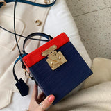 england style box shape pu leather panelled vintage lock detail handbag