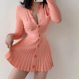 button down single breasted pleated knitted long sleeve dress