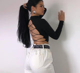 long sleeve hollow out bandage backless knitted crop top
