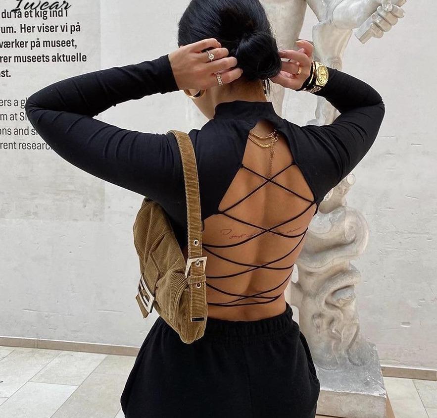 long sleeve hollow out bandage backless knitted crop top
