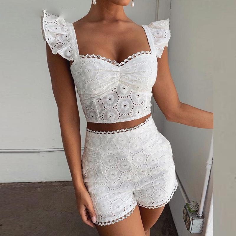 v neck lace ruffles hollow out crop top