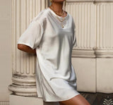 solid silk short sleeve round neck loose mini shirt dress