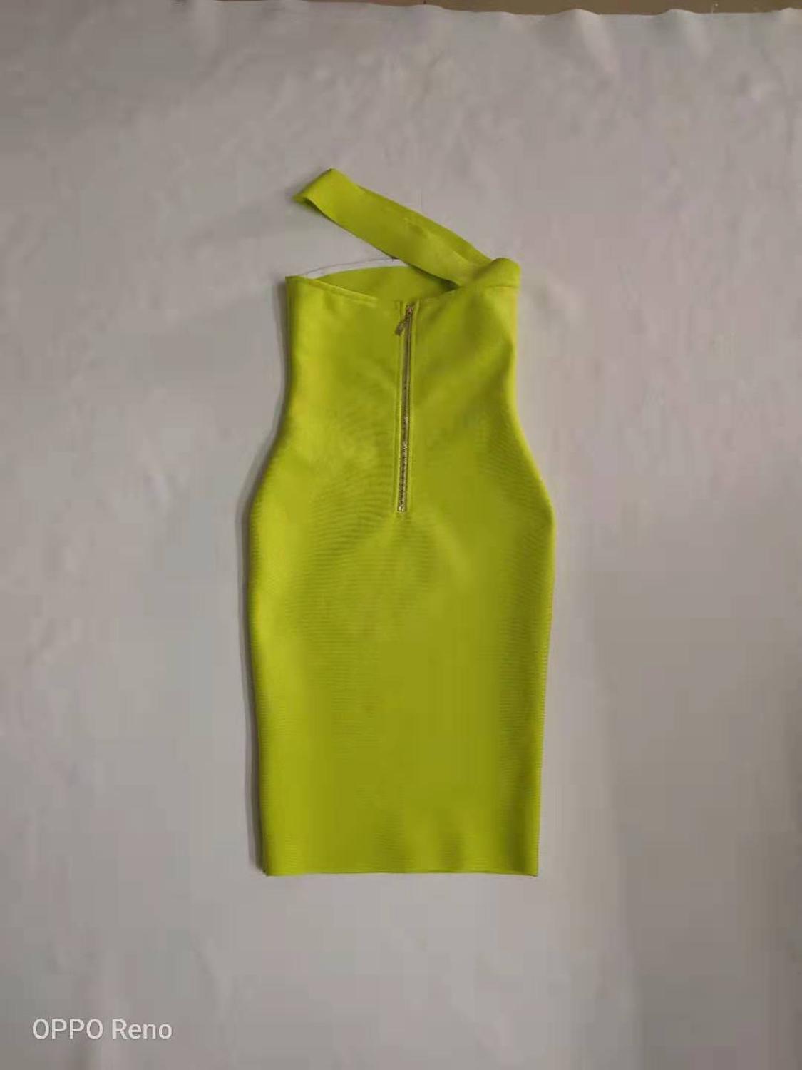 one shoulder neon green bandage midi dress