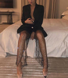 crystal diamond hollow out fishnet wide leg see through pants