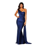 one shoulder draped long train on the side satin party dress