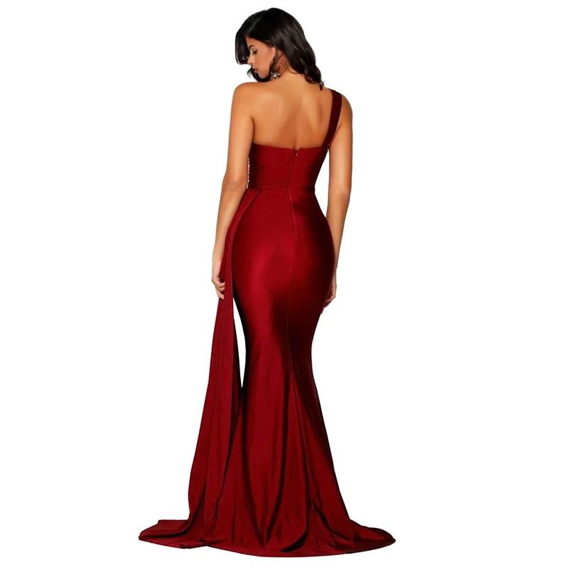 one shoulder draped long train on the side satin party dress