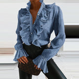 denim ruffled long sleeve blouse