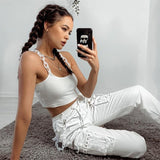 chain straps ribbed knitting square collar crop top