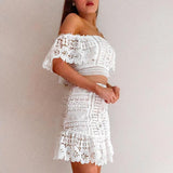two piece set matching ruffles lace skirt and off shoulder crop top