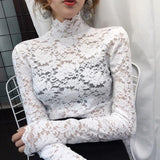perspective hollow out floral lace high collar long sleeve t shirt