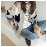 v neck plaid puff sleeve button loose sweater