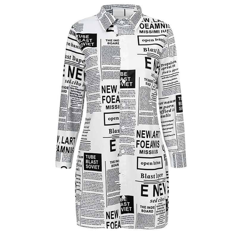 vintage newspaper print letter turn down collar button shirt dress