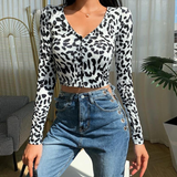 v neck leopard print long sleeve button crop top