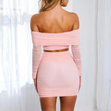 two piece slash neck fold over pleated crop top skirt set