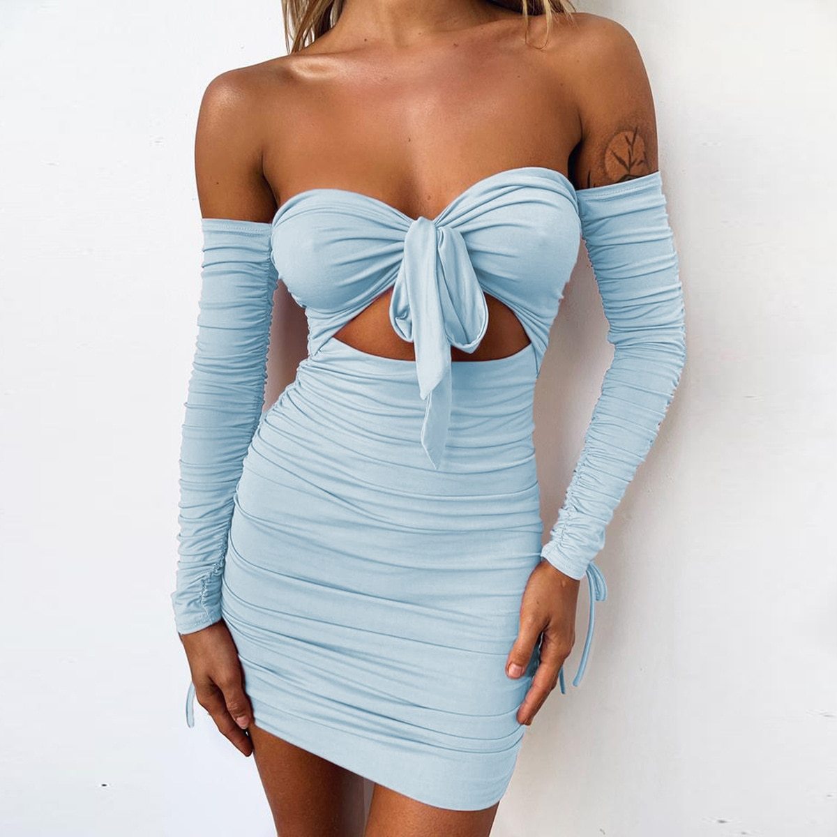 hollow out drawstring ruched off shoulder mini bodycon dress