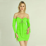 hollow out drawstring ruched off shoulder mini bodycon dress