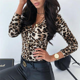 long sleeve leopard skin print slim v neck bodysuit