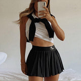 zip pleated solid mid waist a line preppy style skirt