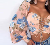 lace up floral drawstring long sleeves crop top