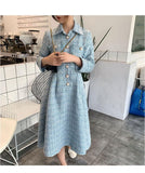 holiday retro plaid tweed turn down collar buttons thin a line long sleeve dress