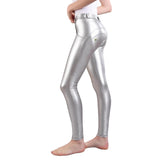 metallic pu leather middle waist button fly push up pants