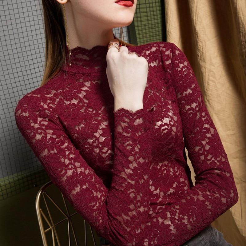 perspective hollow out floral lace high collar long sleeve t shirt