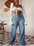 vintage ruched lace up long puff sleeve crop top