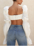 vintage ruched lace up long puff sleeve crop top